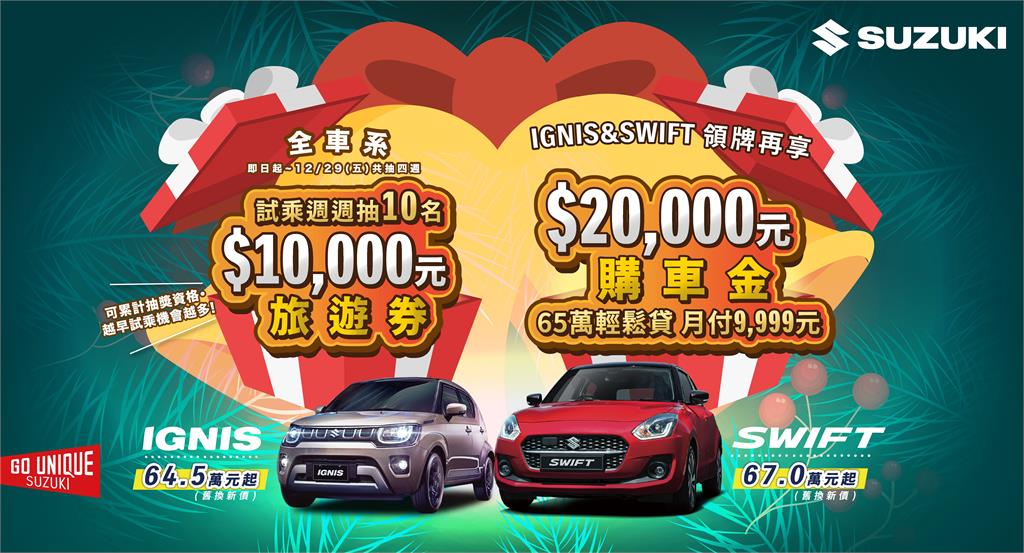 TAIWAN SUZUKI12月推出『全車系試乘週週抽$10,000旅遊券』活動