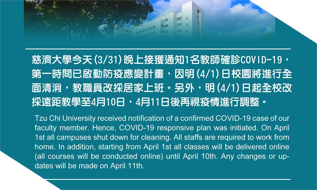 快新聞／花蓮慈濟大學有老師確診！　全校改採遠距教學至4/10