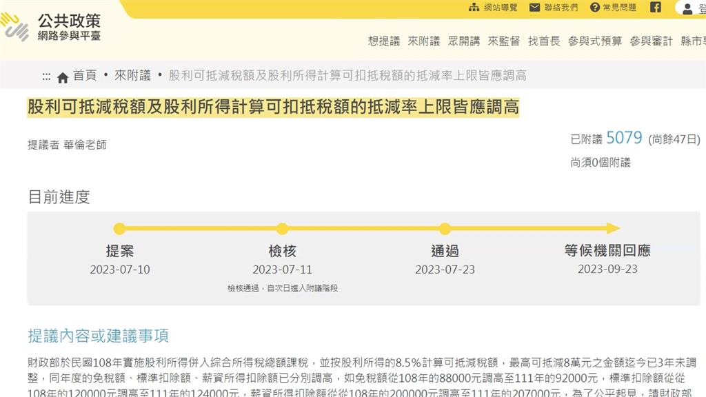 公共政策平台提案調高股利「抵減率」　5千多人附議　成案！