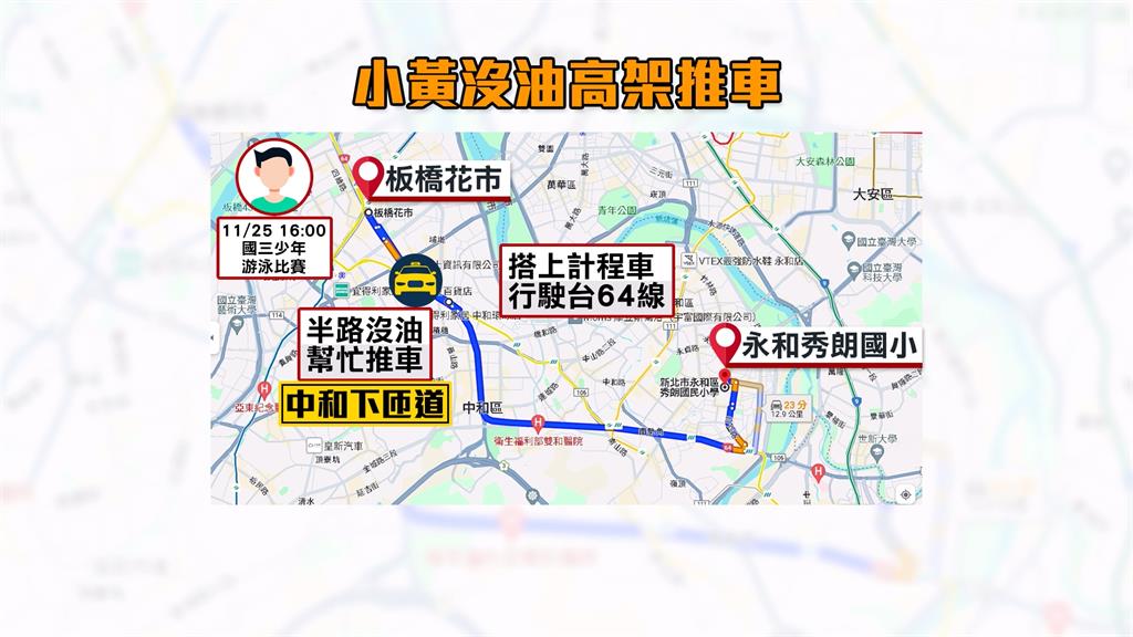 這款運將太離譜！ 小黃開上快速道路竟沒油   國中生被要求推車