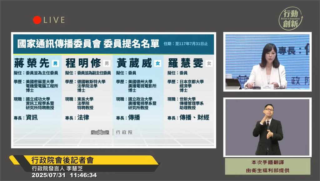 快新聞/懸缺1年!政院提4名NCC委員 蔣榮先任主委