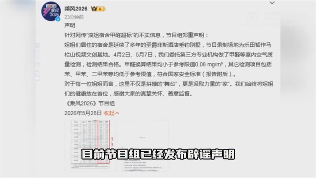中國《浪姐》驚傳女星集體病倒! 製作單位駁宿舍「甲醛超標」
