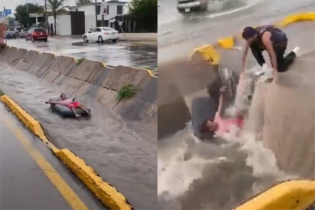  墨西哥男趁淹水大玩天然「漂漂河」　下場被沖進下水道消失36秒影片曝光