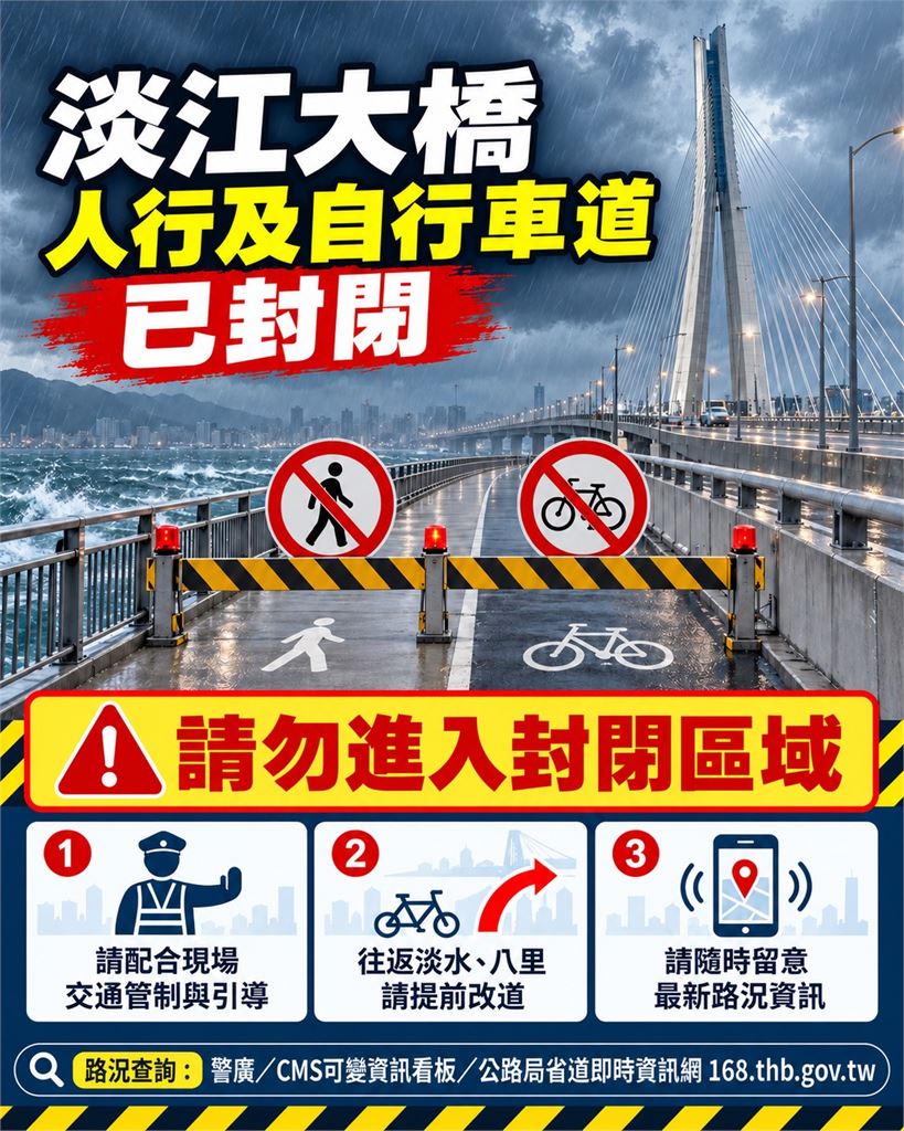 快新聞／用路人注意！新北「這座大橋」2車道封閉了　市府急喊：恐有逾9級強風
