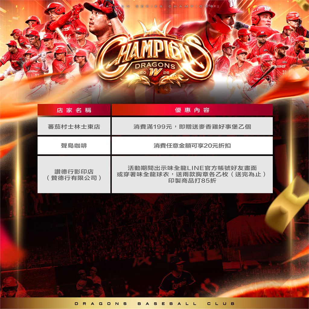 中職／味全龍勇奪2026年度總冠軍！近百家應援店同歡推優惠　詳情點此一次看