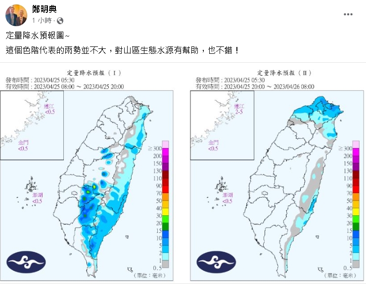 定量降水預報圖曝「2地區有雨」！鄭明典：對山區生態水源有幫助