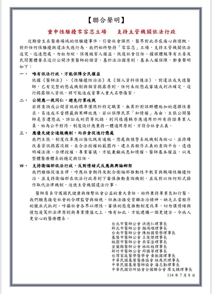 重申性騷擾零容忍立場 醫界支持主管機關依法行政