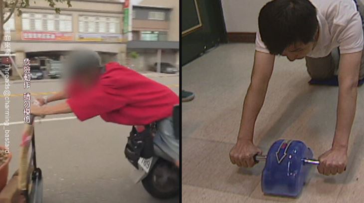 行動健身房！？　桃園阿公奇葩姿勢載樹苗　網笑翻：練滾輪長腹肌嗎？