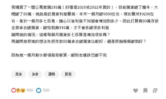 利息變高房貸「每月多繳700元」！她想把50萬全繳下去1關鍵被勸退