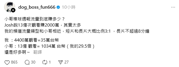 棒球YTR頻道「侵權」遭下架!過來人台南Josh估「真實收益」:至少賺2千萬