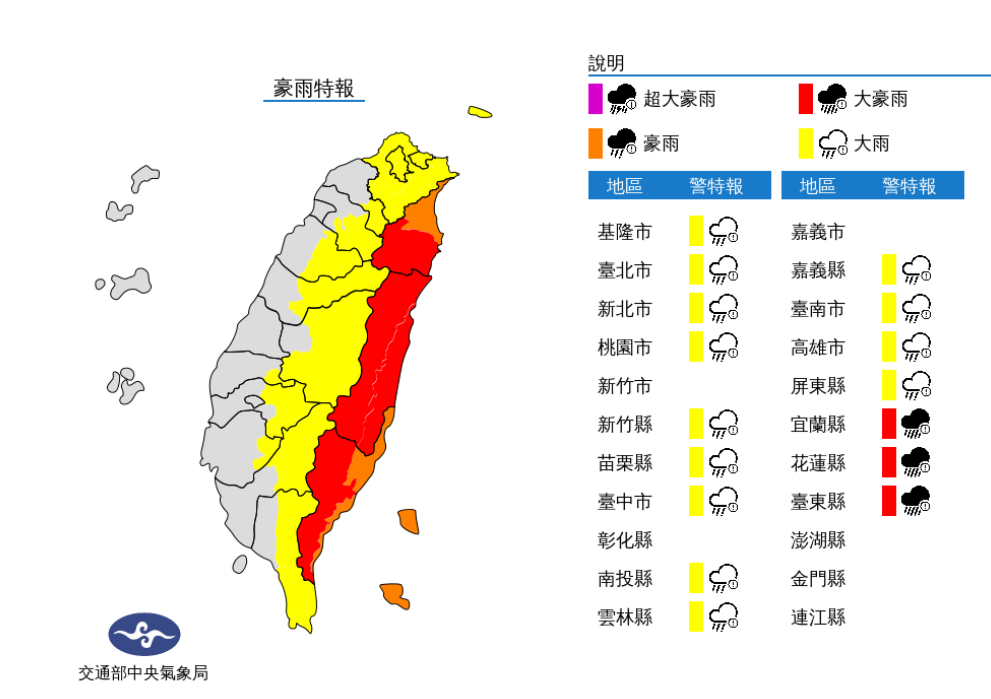 快新聞/雨彈狂炸全台16縣市 宜蘭、花蓮、台東大豪雨等級