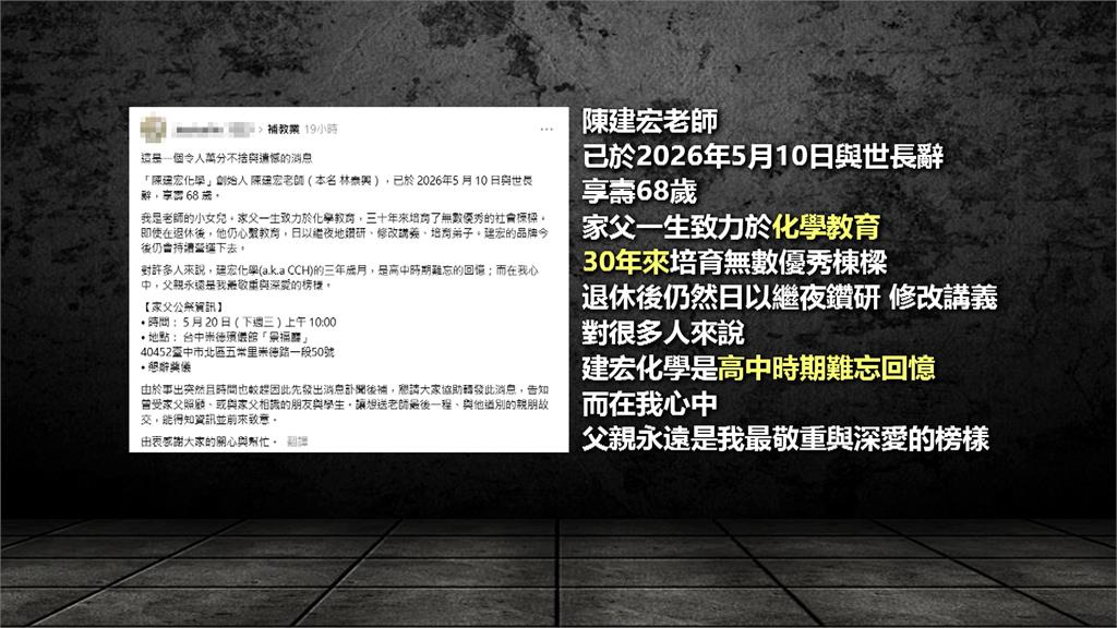 補教名師陳建宏離世 大票網友淚憶:拯救當年化學