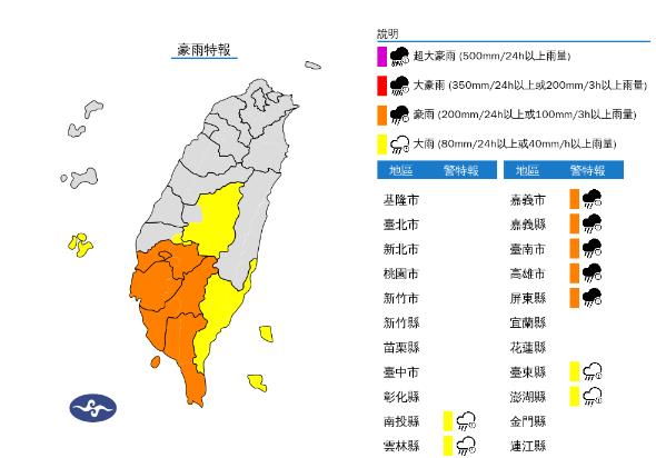 快新聞／凱米颱風外圍環流挾雨勢　全台「9縣市」發布豪大雨特報