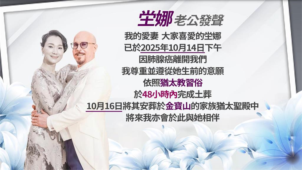 老公證實「坣娜肺腺癌病逝」　曝：在我懷裡平靜離開