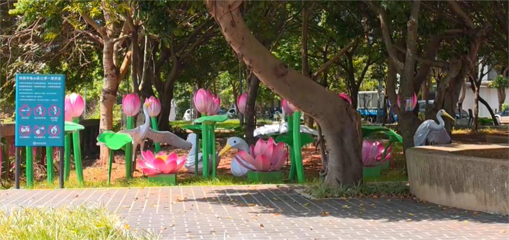 桃園龜山滯洪池花燈造景怪怪的　蓮花搭配「白鳥」挨批「像這個」
