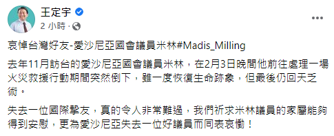 快新聞/愛沙尼亞挺台議員不幸離世 王定宇痛心失去國際摯友