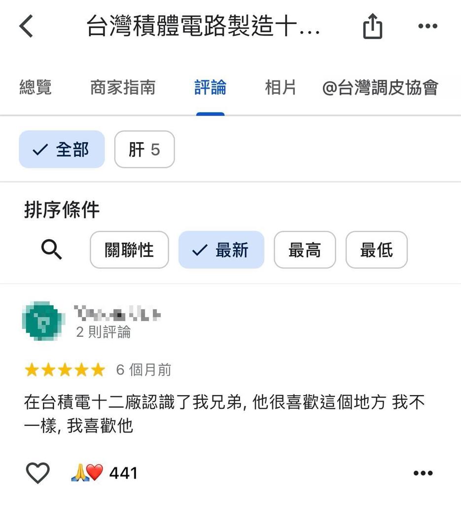 台積電廠區Google評論竟「暗藏G情兄弟」　萬網嗨翻：「男」能可貴！