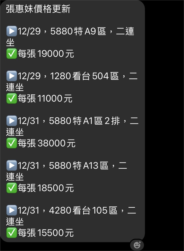 快新聞／張惠妹演場會「黃牛票價表」曝　網傻眼「喊價6倍」轟太猖獗