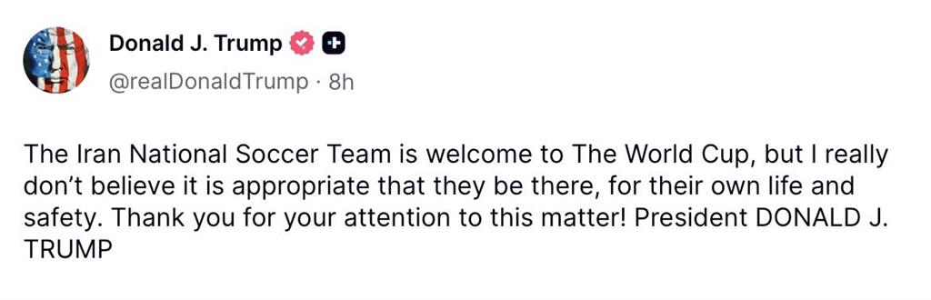 足球／美總統川普改口警告「選手要注意安全」！伊朗怒嗆「政權腐敗」不參加世界盃