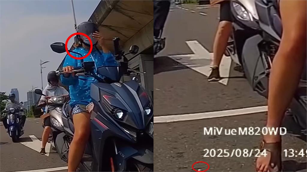 藍衣女撿耳機誤催油門大喊：ㄍㄍㄋ！下秒「整尊飛撲重機」17秒畫面全網笑翻