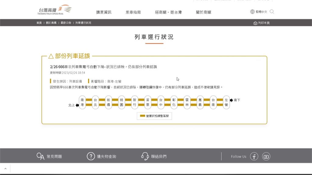 又出包!高鐵集電弓異常 南港-左營雙向一度延誤