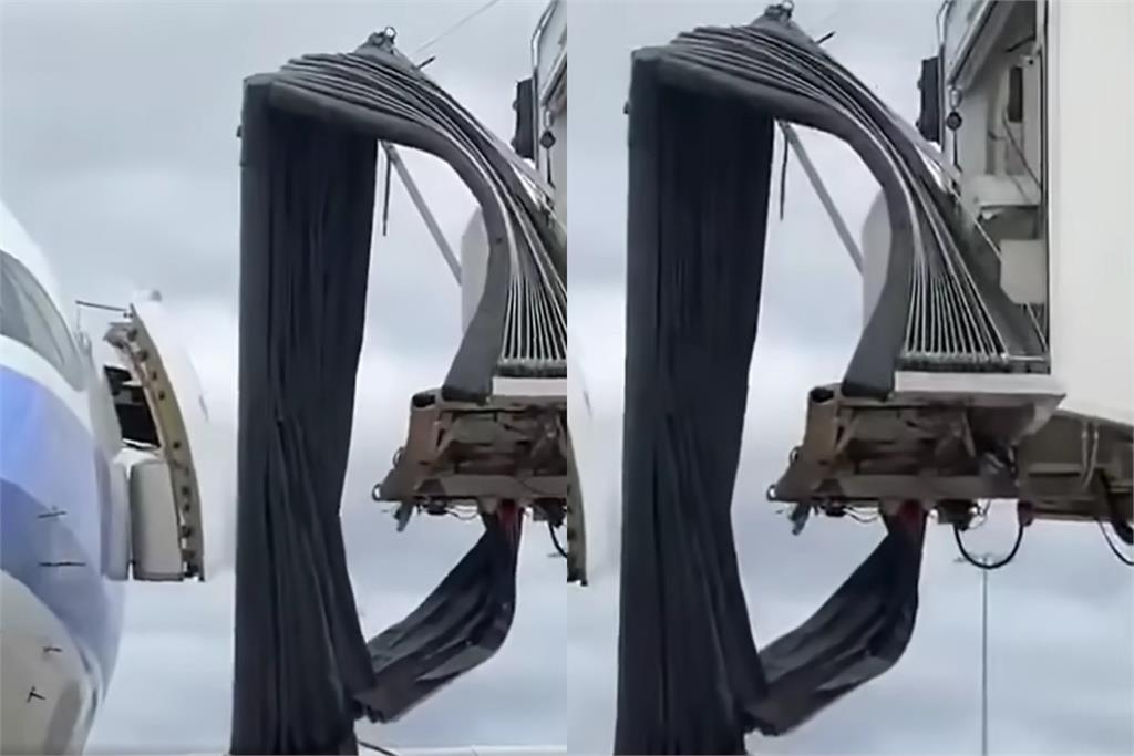 華航班機爆意外！登機門慘被扯斷「整片歪掉」連空橋也出事　慘況畫面網瘋傳