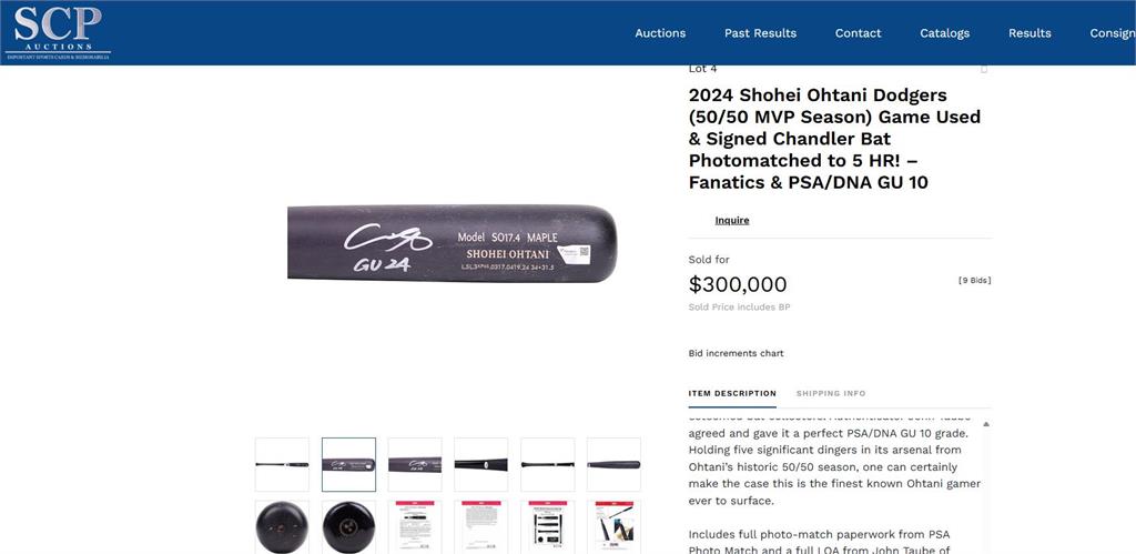 MLB(影)／大谷翔平50-50創球季球棒拍賣創紀錄！9百多萬台幣成交