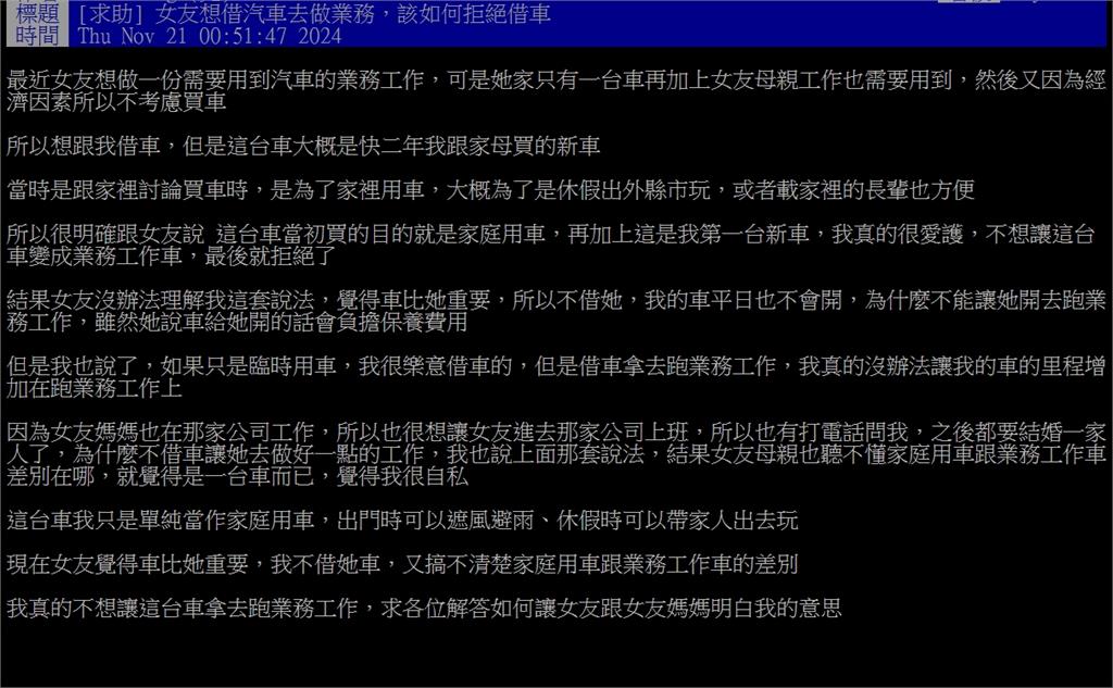 女友要求借車跑業務遭拒怒批「5字」情勒!網看不下去:講不聽就分手