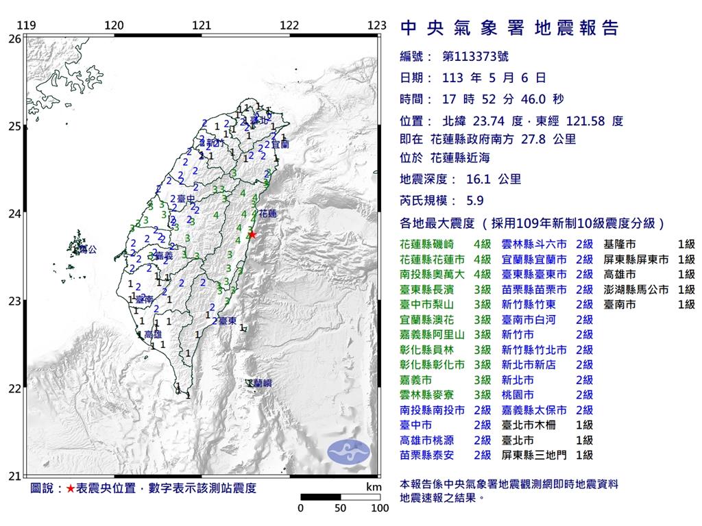 快新聞／17:45、17:52花蓮連2震！　規模皆5.9、最大震度4級