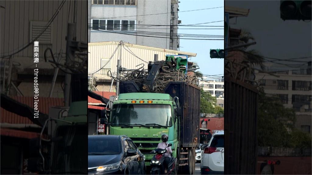 傻眼！宜蘭大貨車吊臂「扯落電纜」　整座紅綠燈慘被斬首