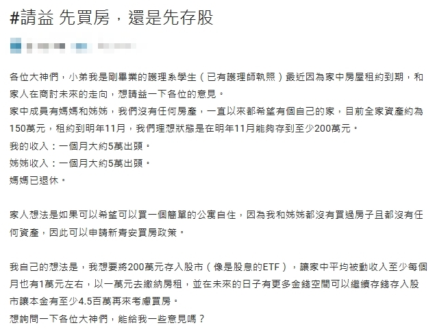 他抱200萬「不知該買房還投資」掀論戰！神人秒推「這1檔ETF」：報酬率較高