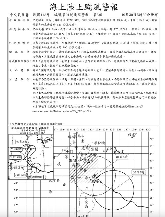 快新聞／中颱康芮「海上、陸上」警報發布！　暴風圈侵襲率10地達100%