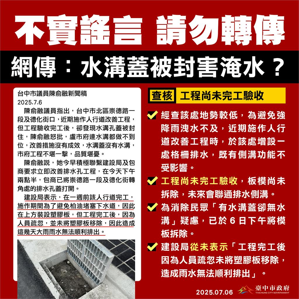 台中強降雨淹水惹民怨! 議員爆水溝蓋封死形同虛設