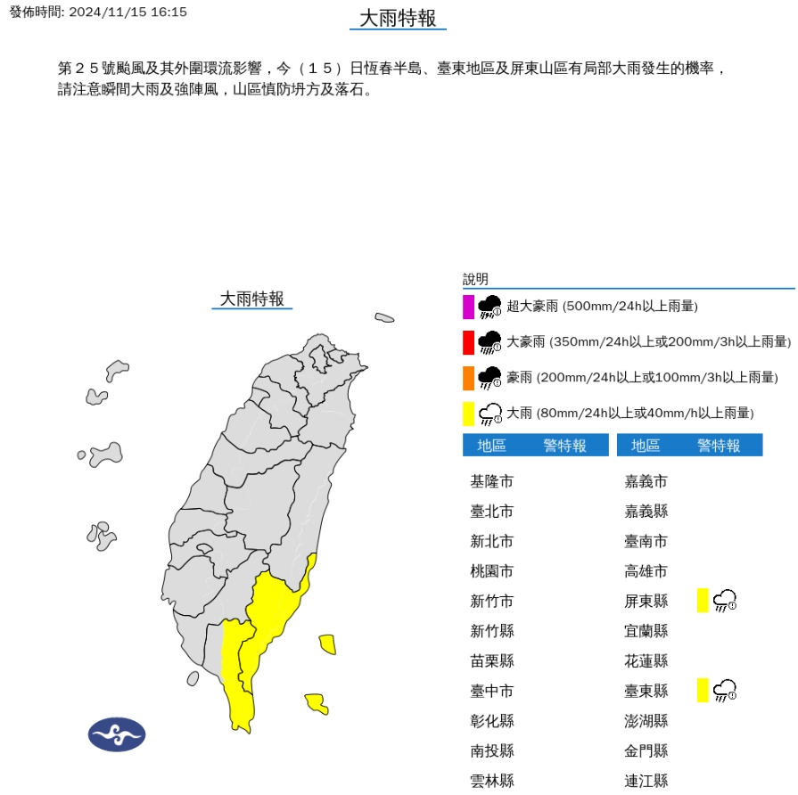 快新聞/「天兔」碰到地! 氣象署2縣市發布大雨特報