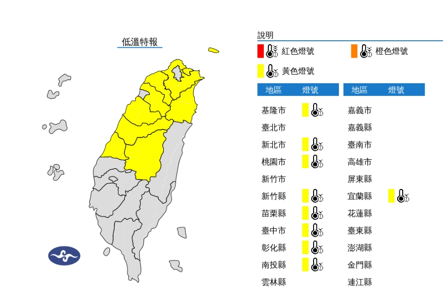 快新聞/9縣市黃色燈號響起! 氣象署發布低溫特報