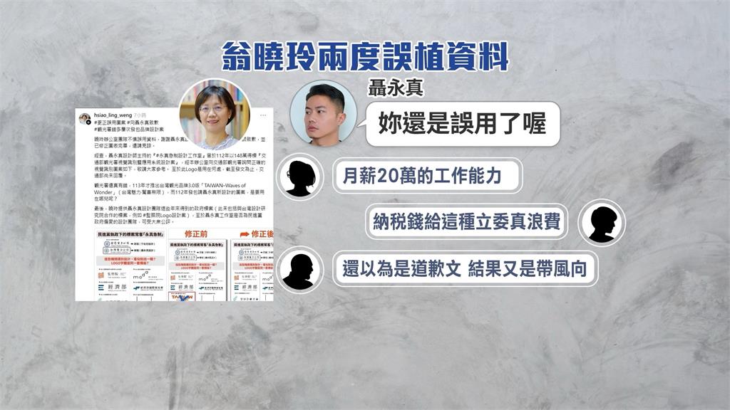 道歉完又翻車!翁曉玲亂湊LOGO酸聶永真 遭二度打臉:又誤用了