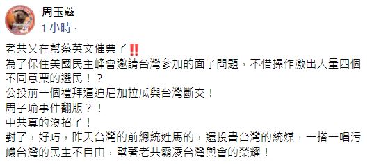快新聞／「周子瑜事件翻版？」  周玉蔻嗆：台尼斷交是中國在幫蔡英文催票