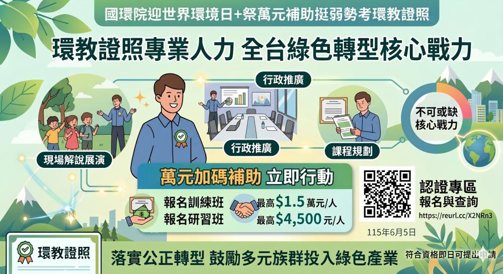 快新聞／最高可拿1.5萬！環境部補助綠領人才課程　偕企業開辦「徵才專區」