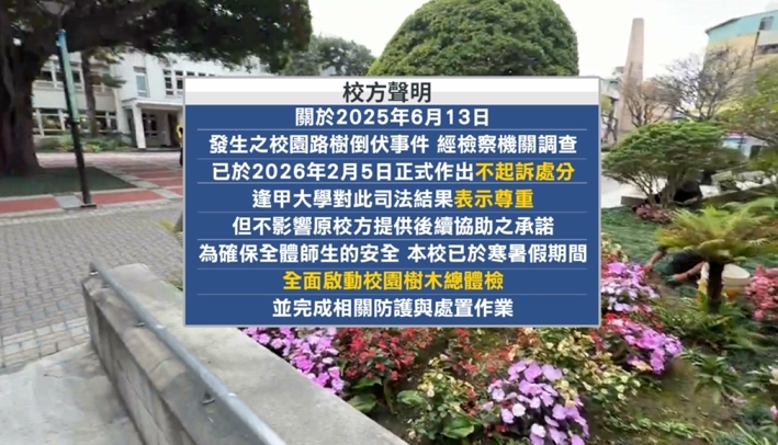 逢甲大學樹倒壓死碩士生5人均不起訴　母落淚提再議、控副校長「涉做偽證」