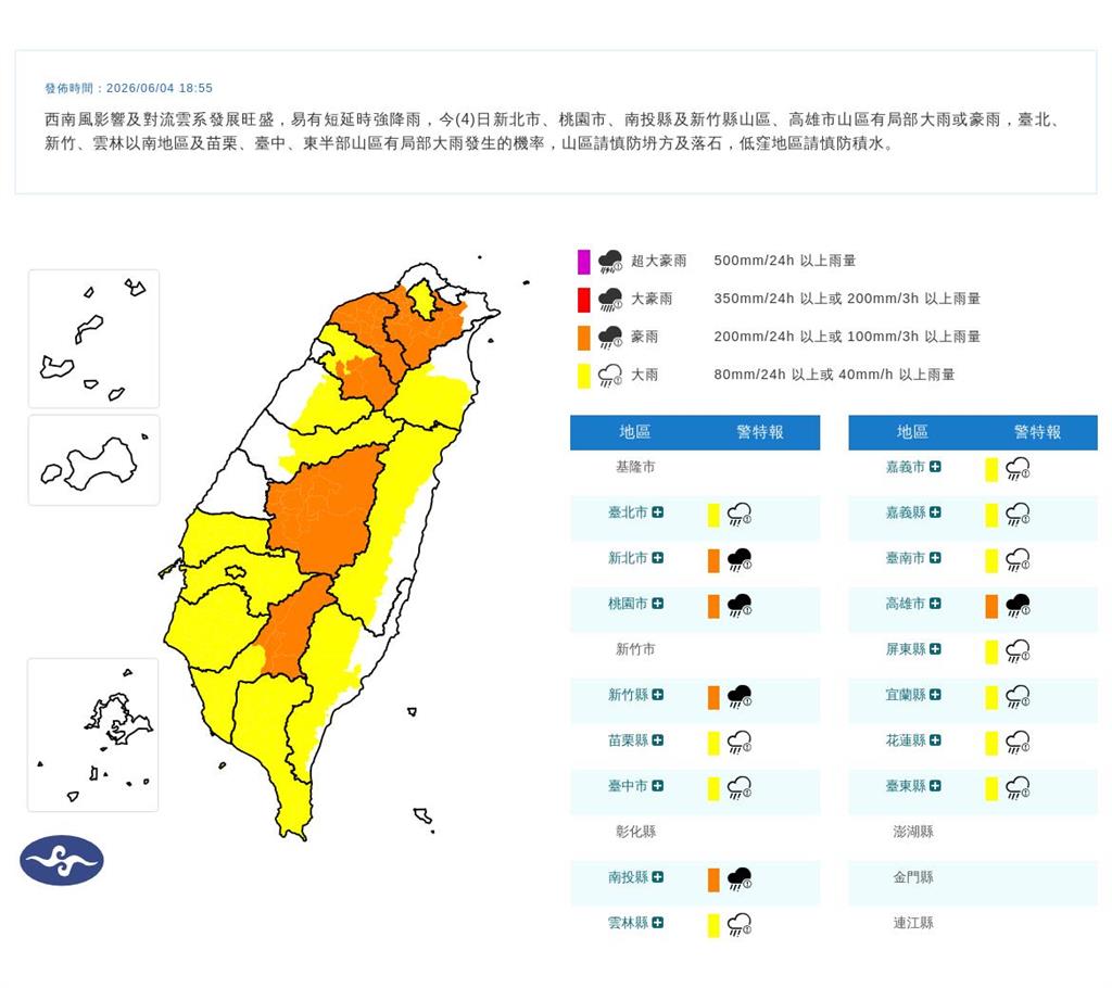 快新聞／雨彈狂炸16縣市！氣象署發布豪大雨特報　恐一路下到明天