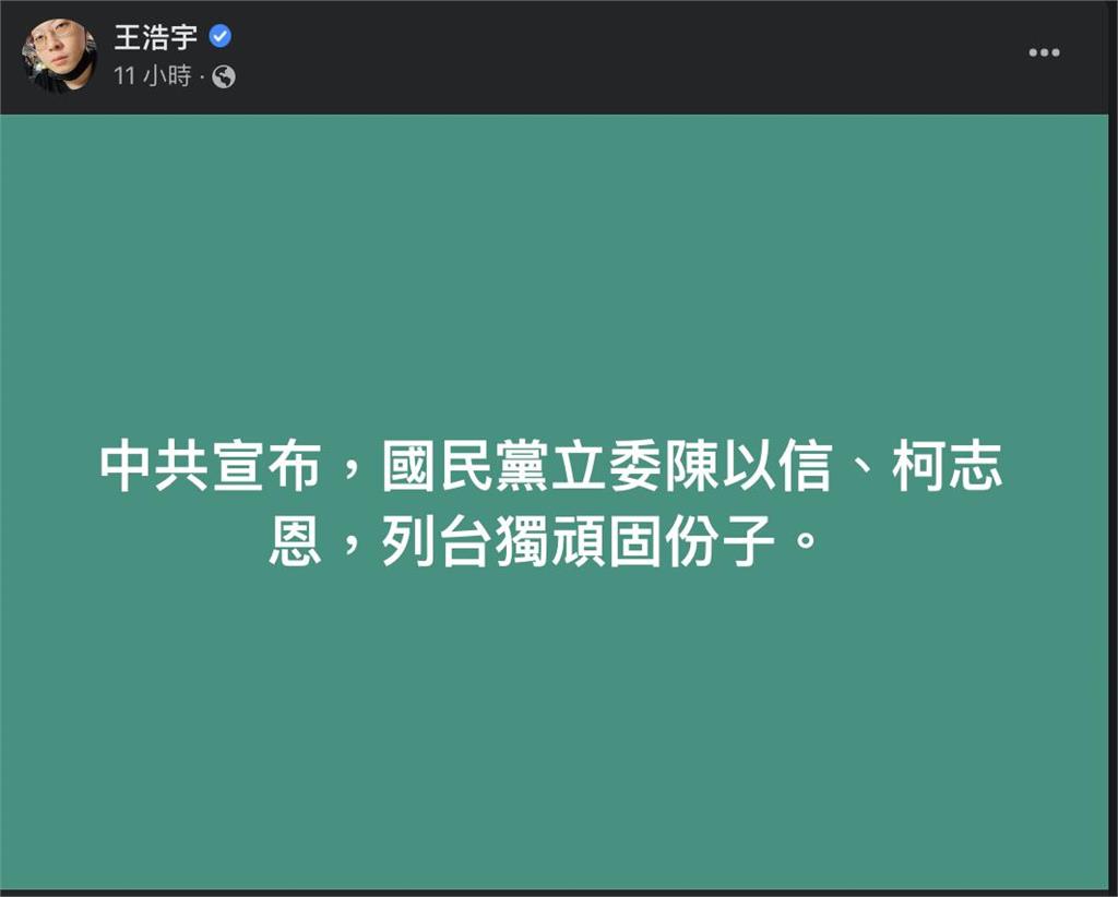 王浩宇：柯志恩遭中國列「台獨」  本人親回應：我非台獨，而是民主頑固份子