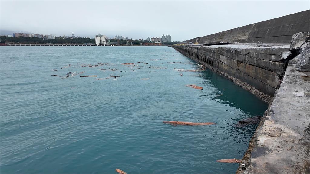 康芮太強大浪沖壞消波牆　花蓮港岸邊大量漂流木