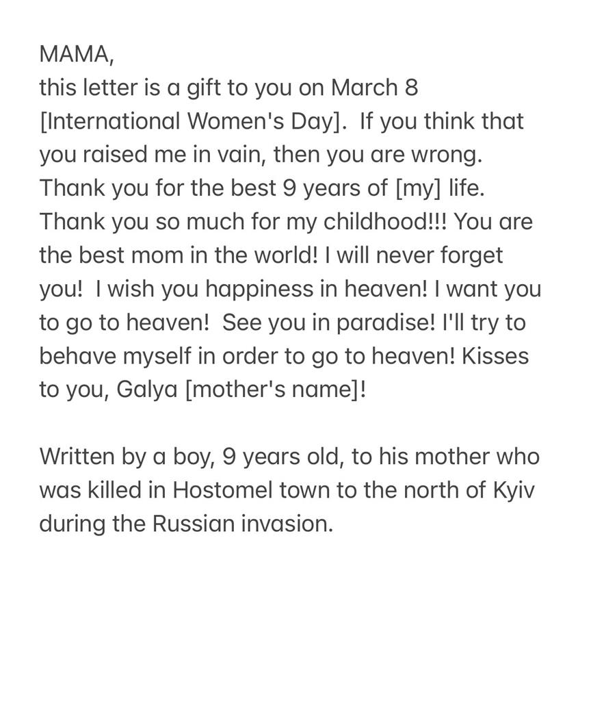 曾目睹媽媽遭俄軍射殺！9歲烏國男童寫下長文思念：我們會在天堂相見