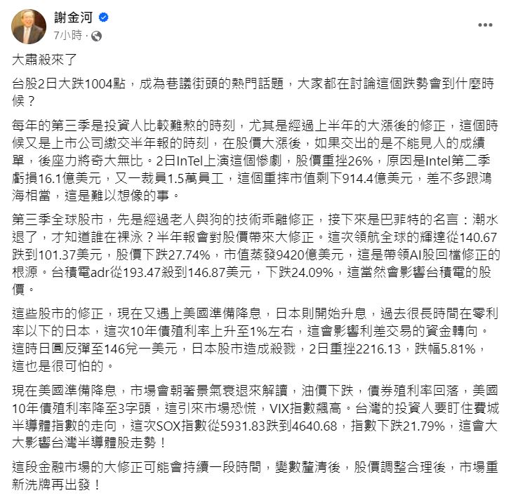 台股歷經黑五股災！美股血崩又補槍　謝金河：大肅殺來了