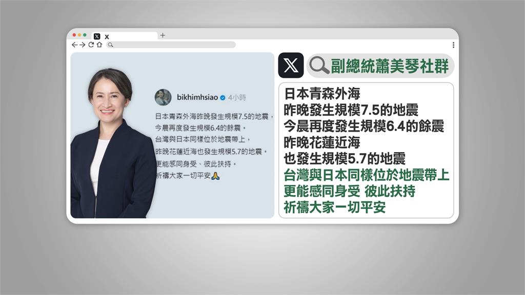 慰問青森7.5強震 賴總統:隨時準備提供必要協助