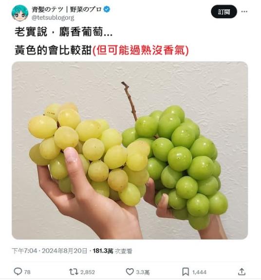 你也買錯麝香葡萄了?日本蔬果達人教你4招「別挑鮮綠色」引熱議