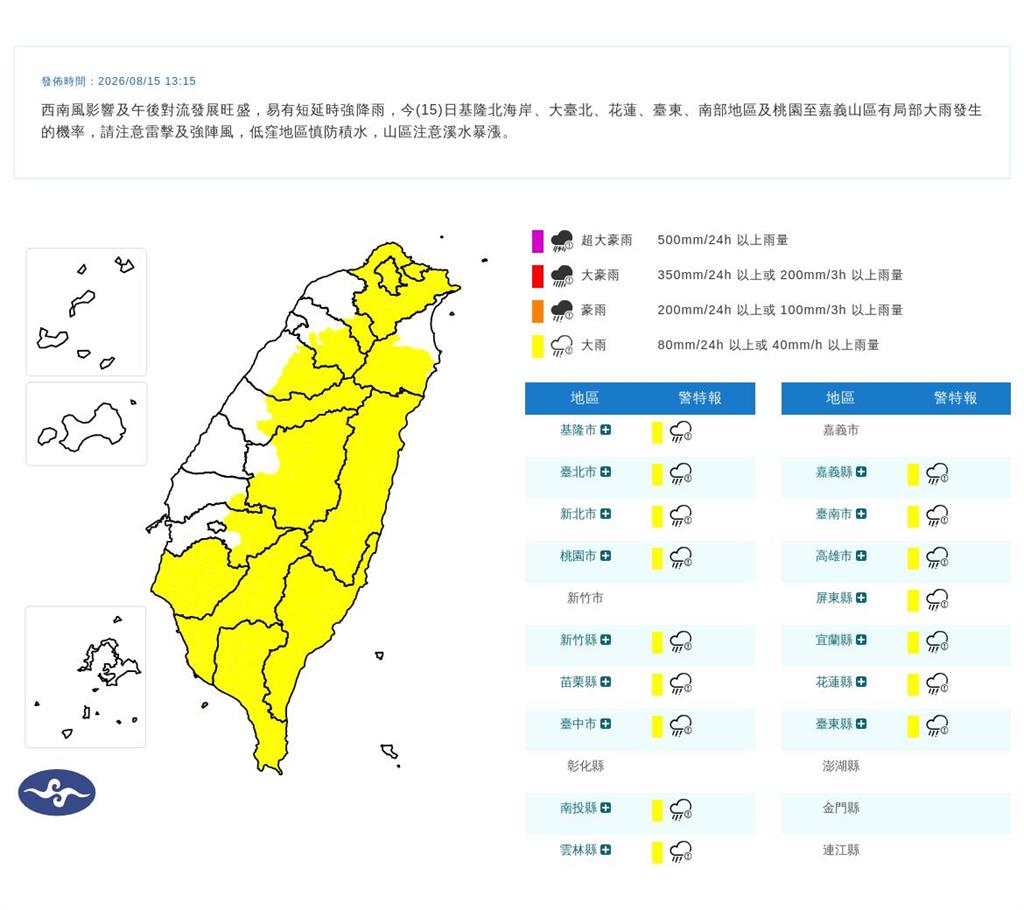 快新聞／雨區擴大！16縣市大雨特報