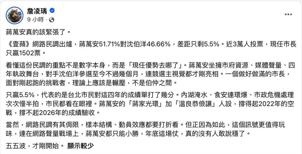 蔣萬安「優勢不再」該緊張了！民調差距「個位數」她曝：台北市長藍綠五五波