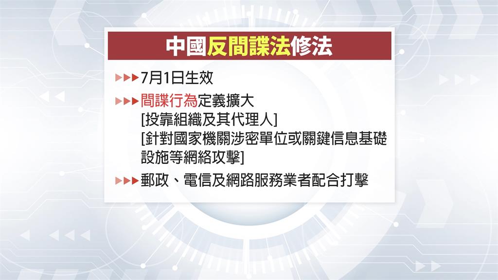中國修訂「反間諜法」７／１生效　陳建仁提醒小心人身安全