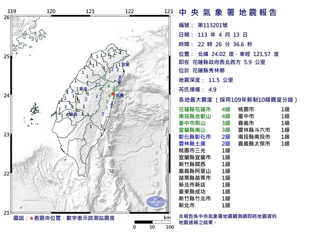 快新聞／晚間10點26分　花蓮再發生芮氏規模4.9顯著有感地震